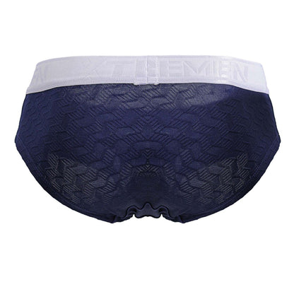 Dark blue microfiber men’s briefs with textured fabric and white elastic waistband featuring x-treme men logo