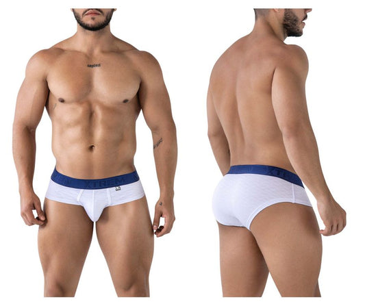 White xtremen 91242 microfiber briefs with navy blue waistband and small front logo for comfortable support