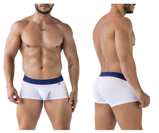 White xtremen 91243 microfiber boxer briefs with navy blue waistband red trim and freedom brand name in white letters