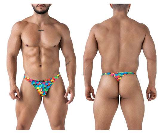 Vibrant rainbow-colored candy-themed Xtremen 91247 printed thong with playful multicolored pattern shown from the back