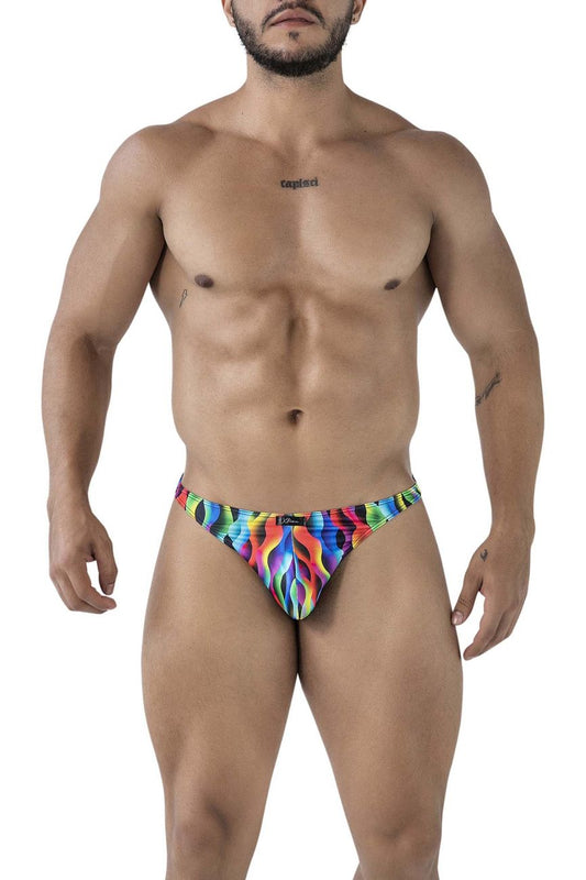 Xtremen 91247 printed thongs color waves men’s briefs with vibrant rainbow flame pattern in stretchy form-fitting fabric