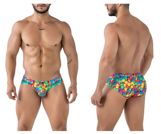 Xtremen 91248 printed briefs featuring vibrant multicolored swim trunks with playful rainbow circle pattern