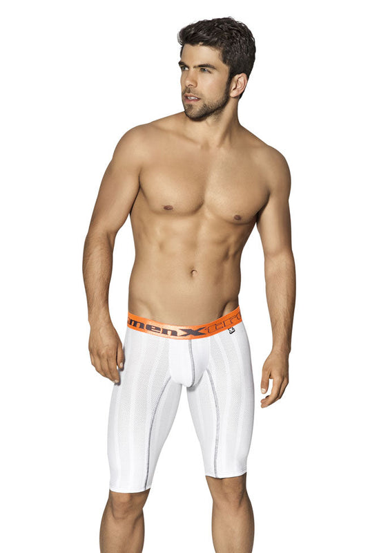 White men’s Xtremen Sports microfiber stripe compression shorts with orange waistband and menx logo size L