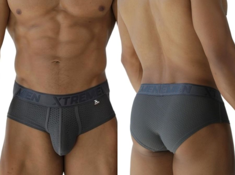 Gray xtremen 91250 microfiber mesh briefs with textured fabric and elastic waistband featuring xtreme branding