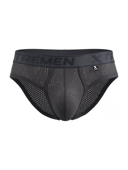 Black Xtremen 91250 microfiber mesh briefs with perforated design and branded waistband in gray color