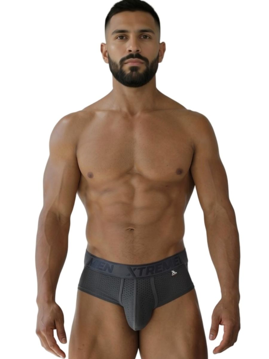 Dark gray xtremen 91250 microfiber mesh briefs with perforated front panel and branded waistband for athletic use