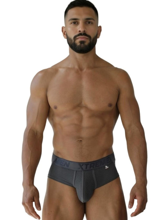 Dark gray xtremen 91250 microfiber mesh briefs with perforated front panel and branded waistband for athletic use