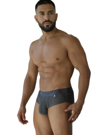 Dark gray xtremen 91250 microfiber mesh men’s briefs with a subtle logo on the waistband front view