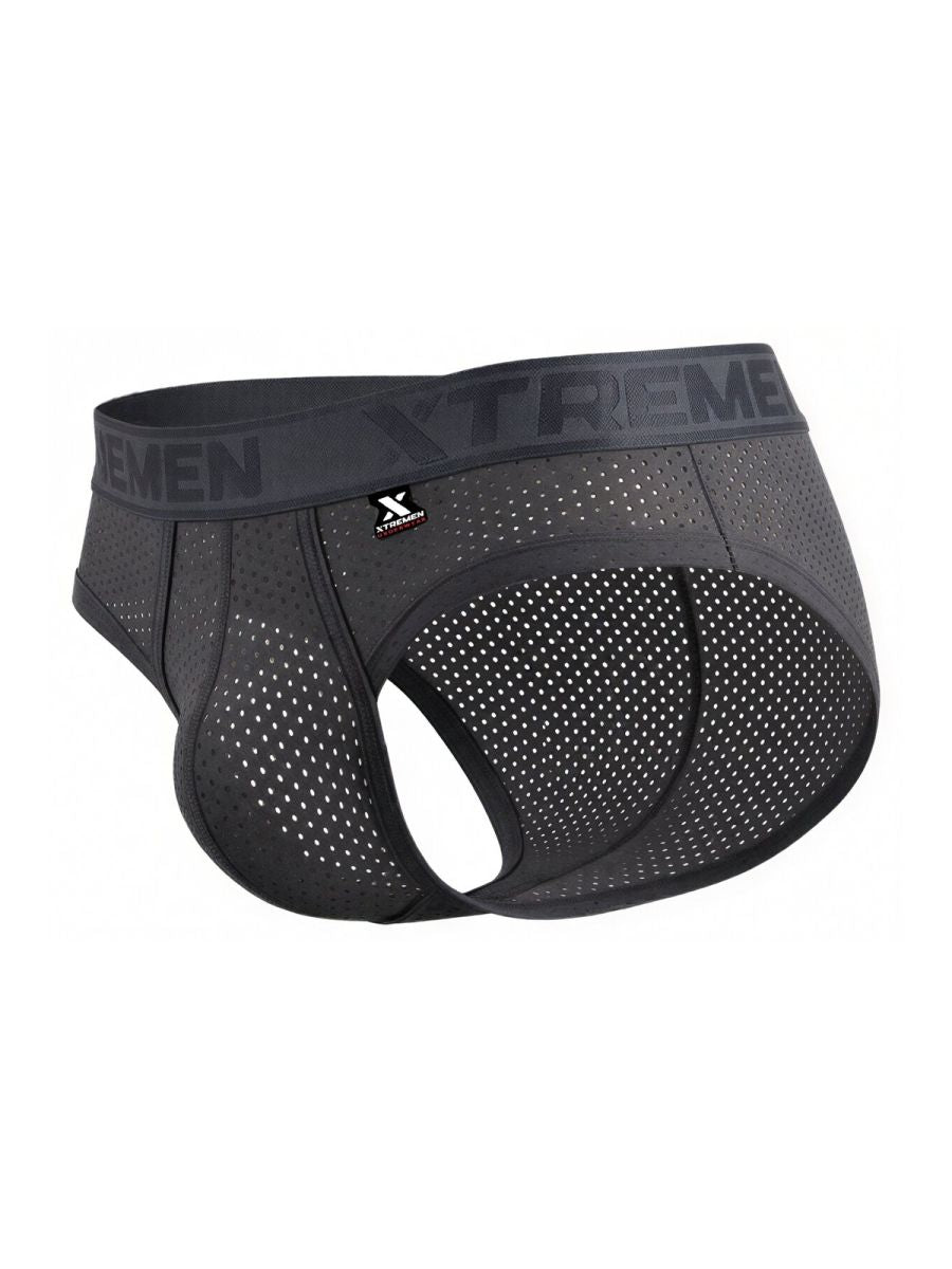 Black mesh xtremen 91250 microfiber briefs in gray with xtreme branding on the waistband for athletic use