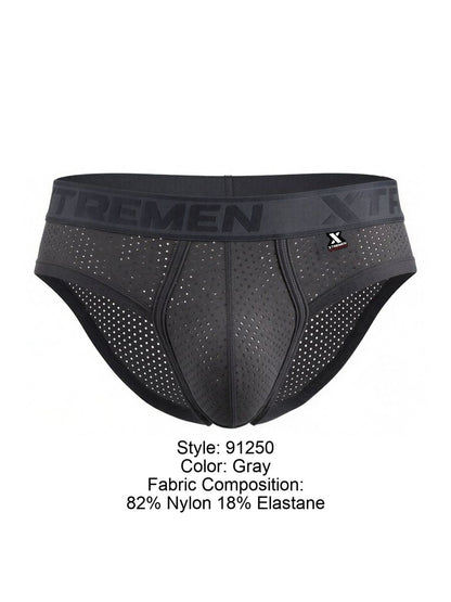 Gray xtremen 91250 microfiber mesh briefs with perforated design and black waistband featuring trememen logo