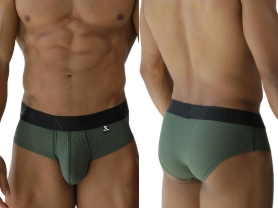 Olive green xtremen 91250 microfiber mesh athletic briefs with black waistband and small white logo on front