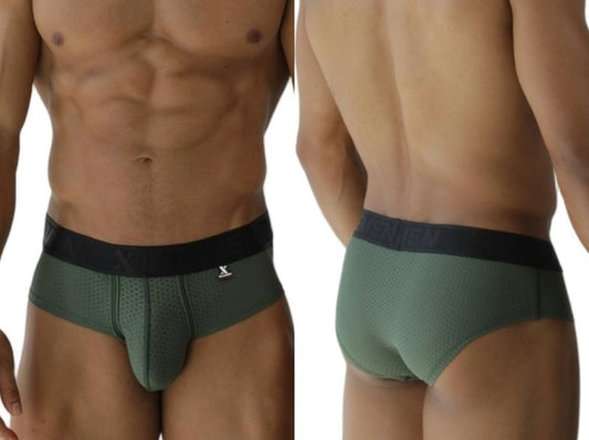 Olive green xtremen 91250 microfiber mesh athletic briefs with black waistband and small white logo on front