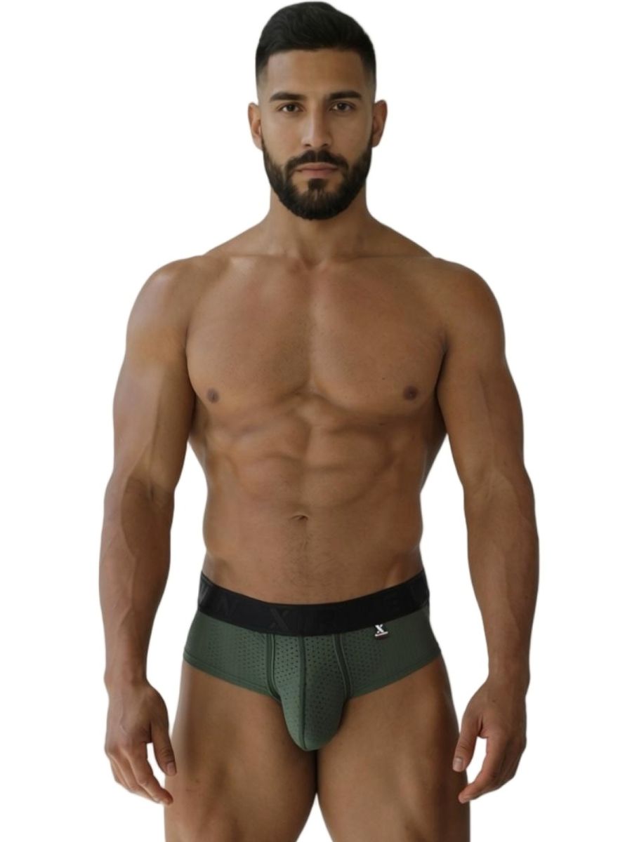 Dark green xtremen 91250 microfiber mesh briefs with black waistband and subtle textured pattern in military green