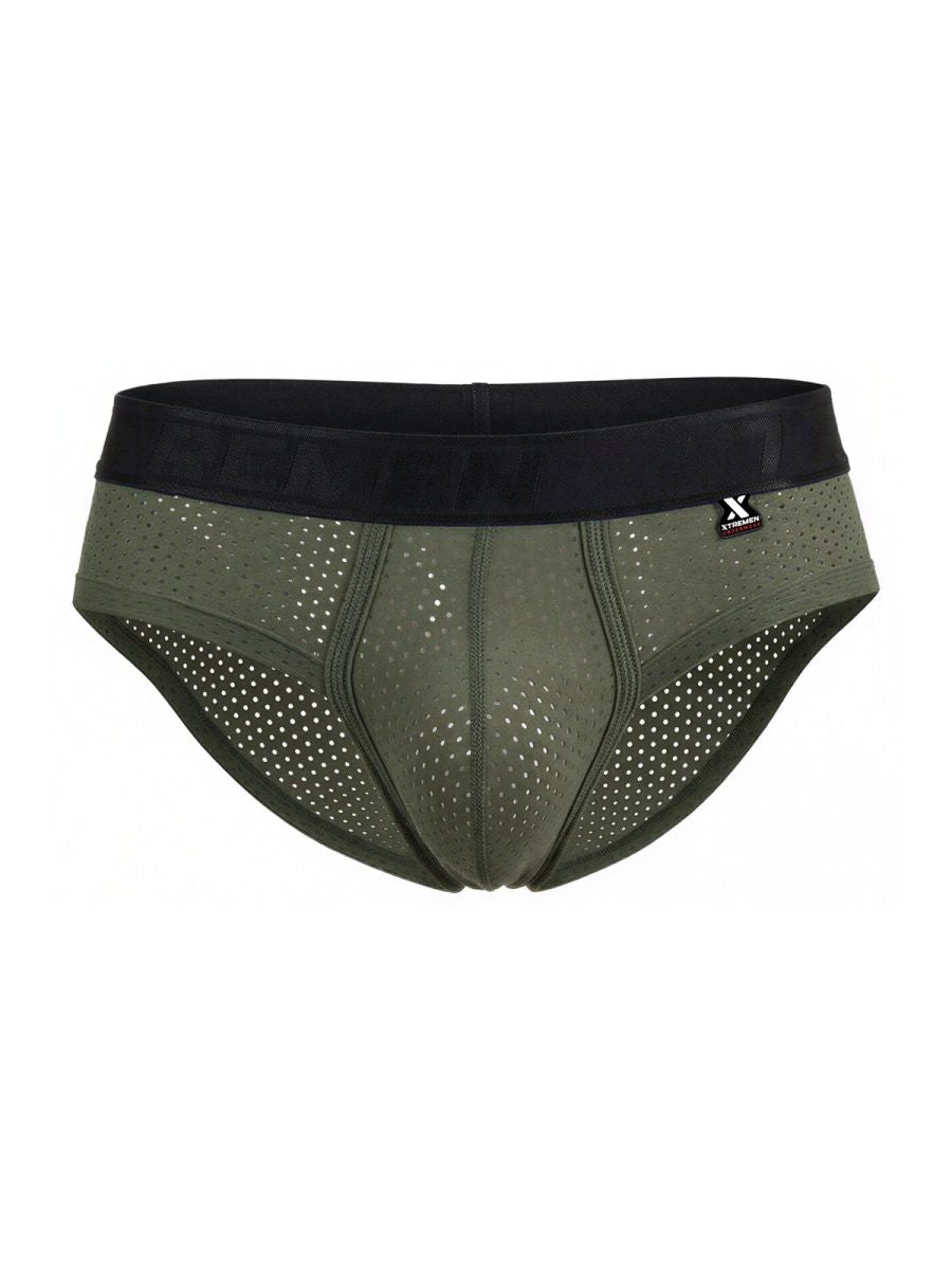 Xtremen 91250 microfiber mesh briefs in olive green with perforated design and black elastic waistband in front view
