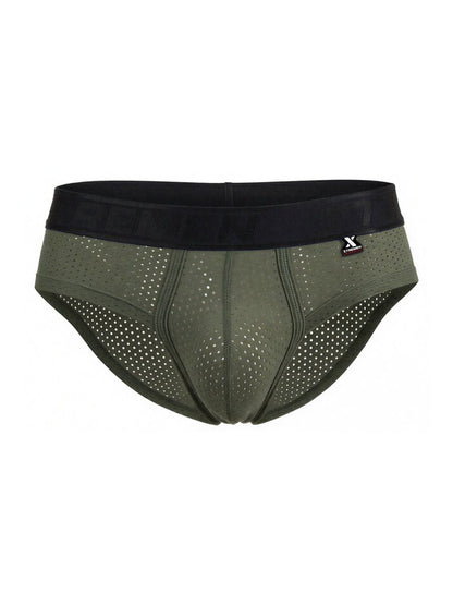 Xtremen 91250 microfiber mesh briefs in olive green with perforated design and black elastic waistband in front view