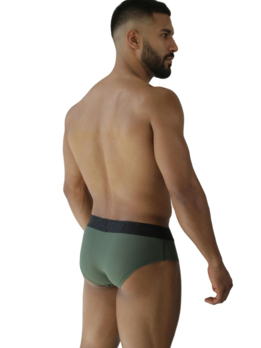 Men’s xtremen 91250 microfiber mesh briefs in military green with black elastic waistband for comfortable support
