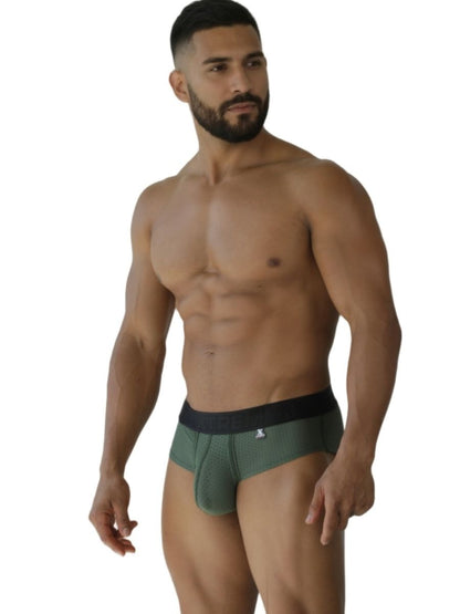Mens olive green microfiber mesh briefs with black waistband and small white logo xtremen 91250 military green
