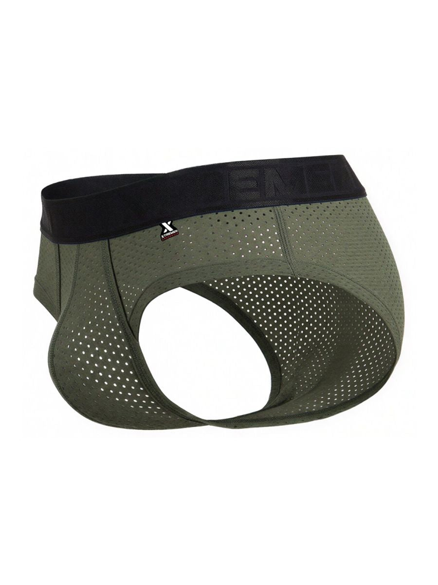 Olive green xtremen 91250 microfiber mesh briefs with perforated design and black elastic waistband showing brand logo