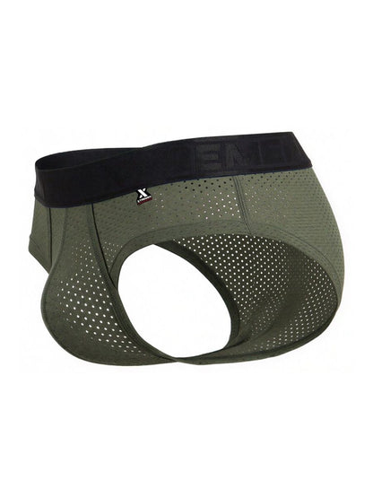 Olive green xtremen 91250 microfiber mesh briefs with perforated design and black elastic waistband showing brand logo