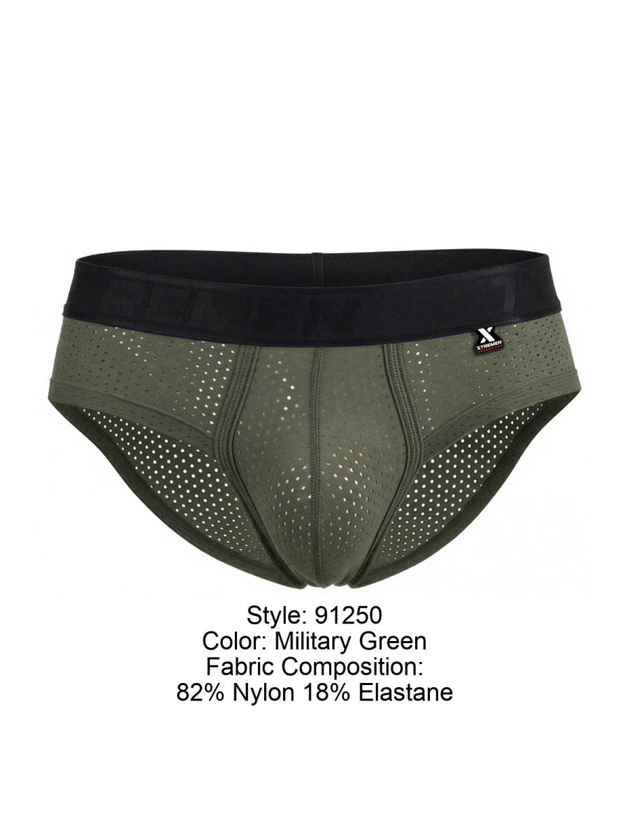 Military green Xtremen 91250 microfiber mesh athletic briefs with black elastic waistband and perforated fabric