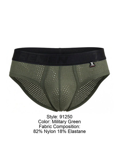 Military green Xtremen 91250 microfiber mesh athletic briefs with black elastic waistband and perforated fabric