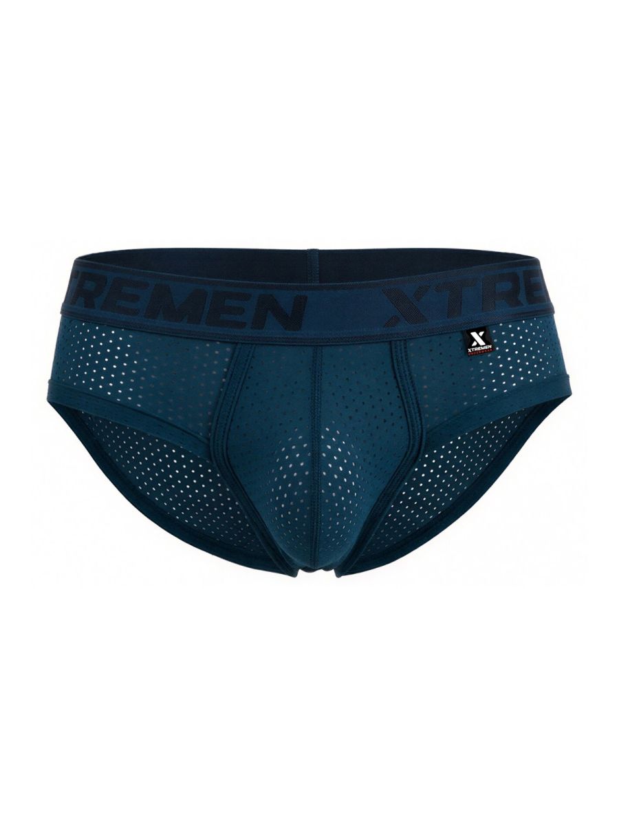 Navy blue breathable microfiber mesh briefs with Xtremen branding on the waistband in petrol color