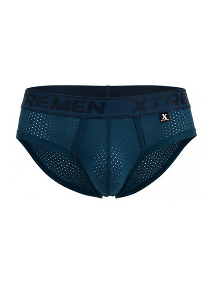 Navy blue breathable microfiber mesh briefs with Xtremen branding on the waistband in petrol color