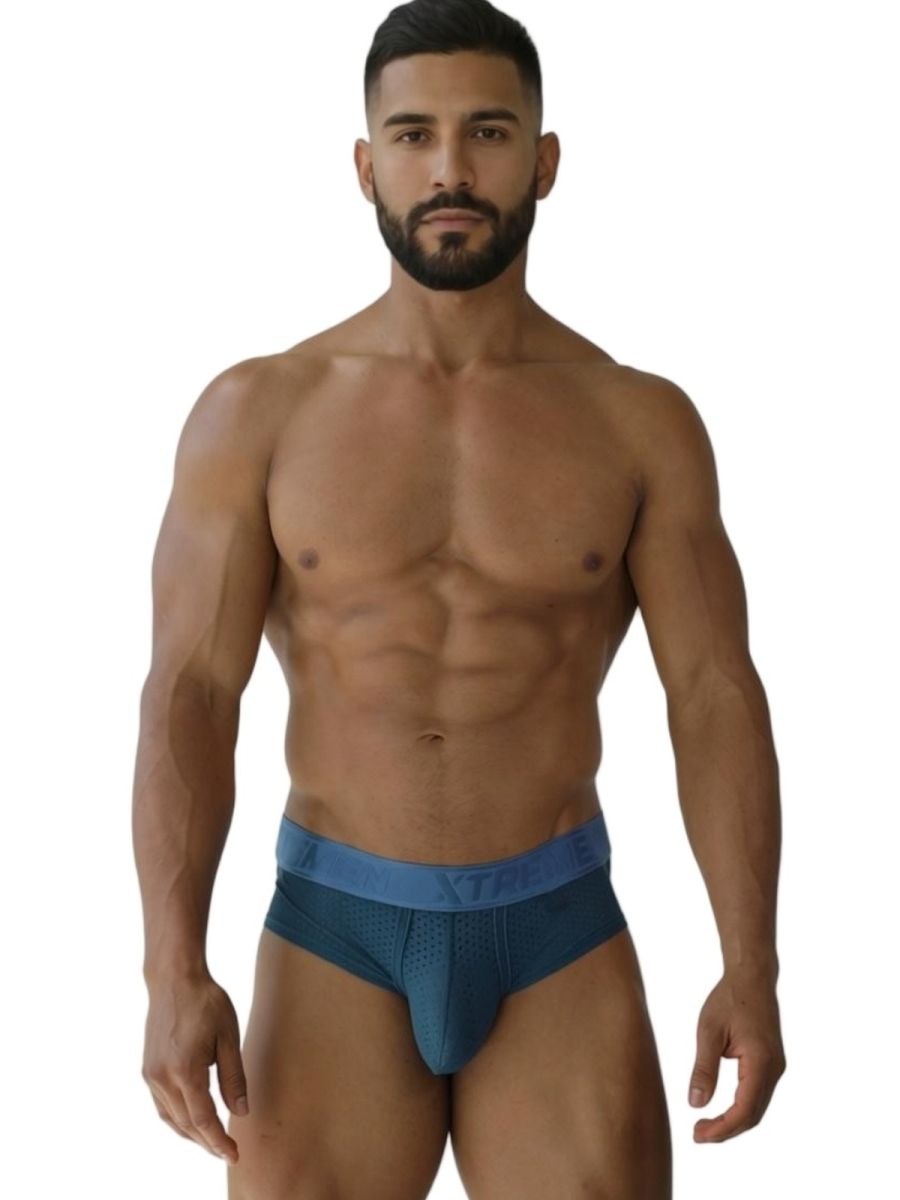 Xtremen 91250 microfiber mesh briefs in petrol blue with matching waistband and subtle textured detailing