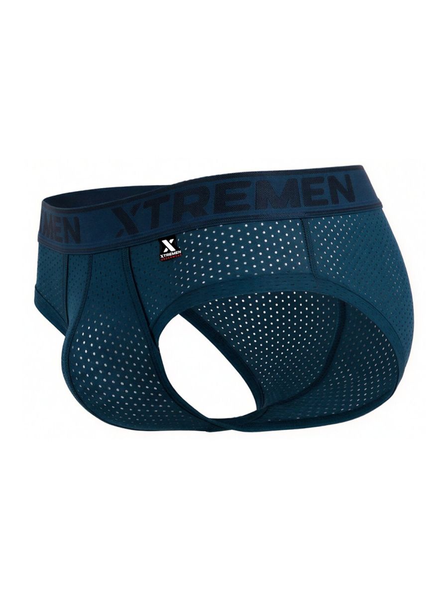 Dark teal Xtremen 91250 microfiber mesh briefs with perforated design and branded waistband front view