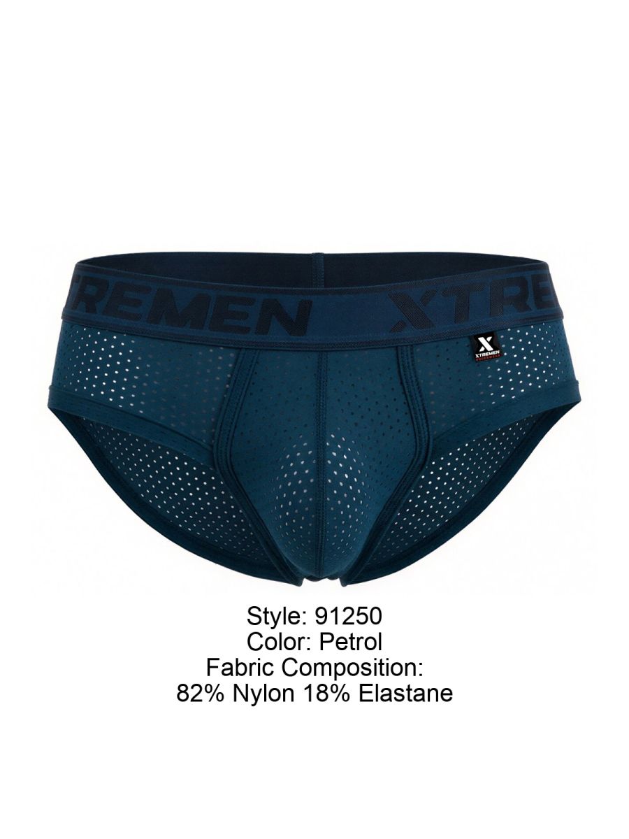 Petrol-colored xtremen 91250 microfiber mesh briefs with perforated design and elastic waistband featuring xtremen brand name