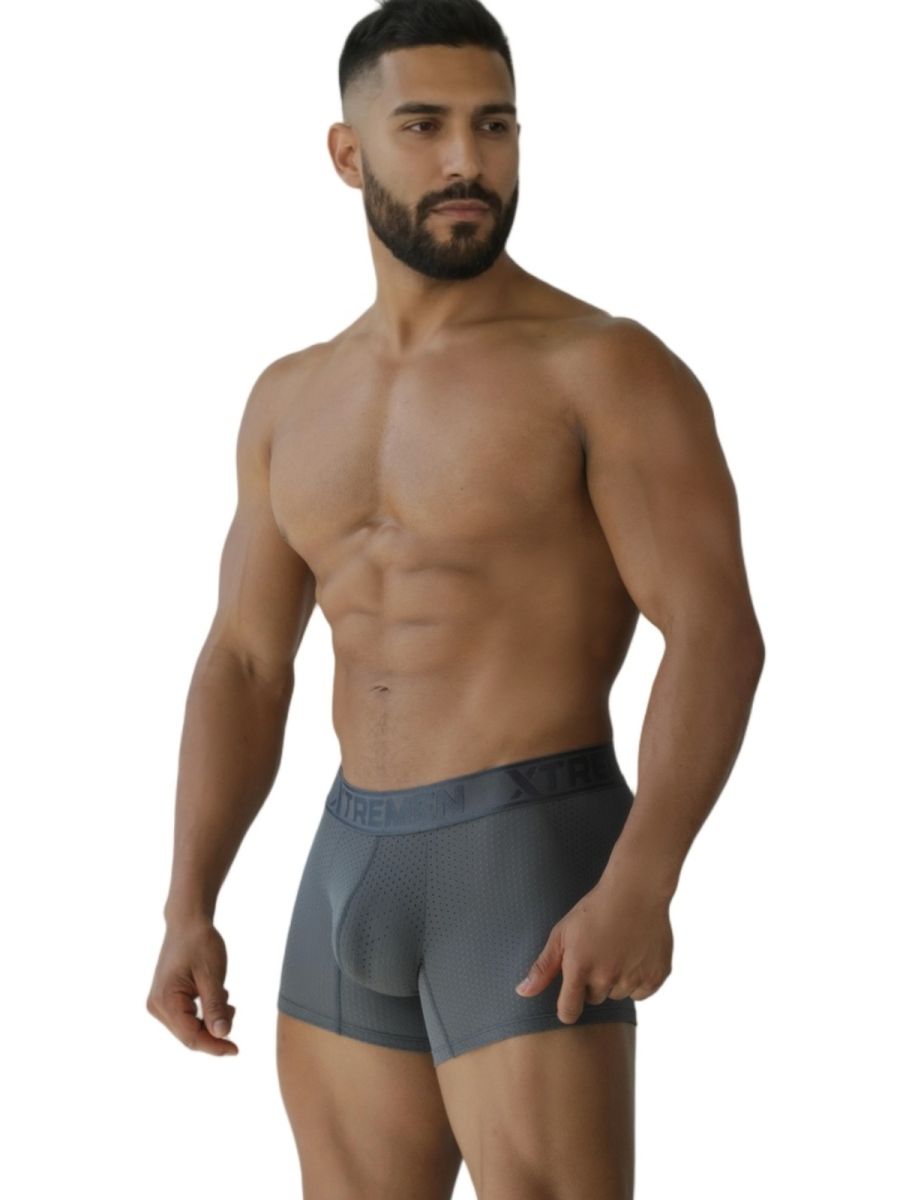 Gray xtremen 91251 microfiber mesh boxer briefs for men with a subtle logo on the waistband