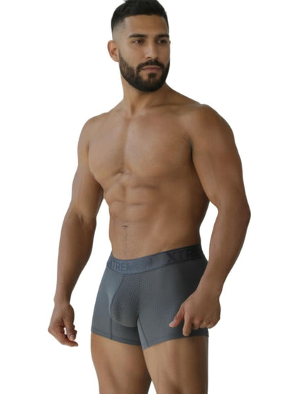 Gray xtremen 91251 microfiber mesh boxer briefs for men with a subtle logo on the waistband