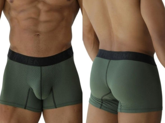 Olive green xtremen 91251 microfiber mesh boxer briefs with black elastic waistband featuring brand logo