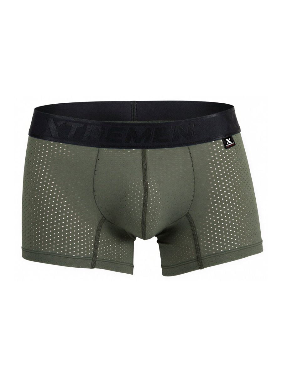 Olive green xtremen 91251 microfiber mesh boxer briefs with black elastic waistband featuring xtreme logo