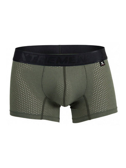 Olive green xtremen 91251 microfiber mesh boxer briefs with black elastic waistband featuring xtreme logo