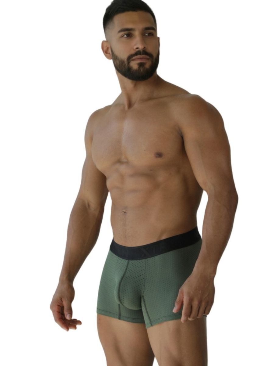 Men’s xtremen 91251 microfiber mesh boxer briefs in military green with black elastic waistband front view