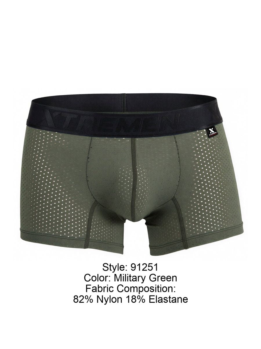 Military green Xtremen 91251 microfiber mesh boxer briefs with black xtreme logo waistband and x-shaped brand tag