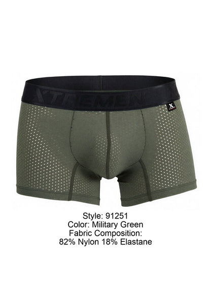 Military green Xtremen 91251 microfiber mesh boxer briefs with black xtreme logo waistband and x-shaped brand tag
