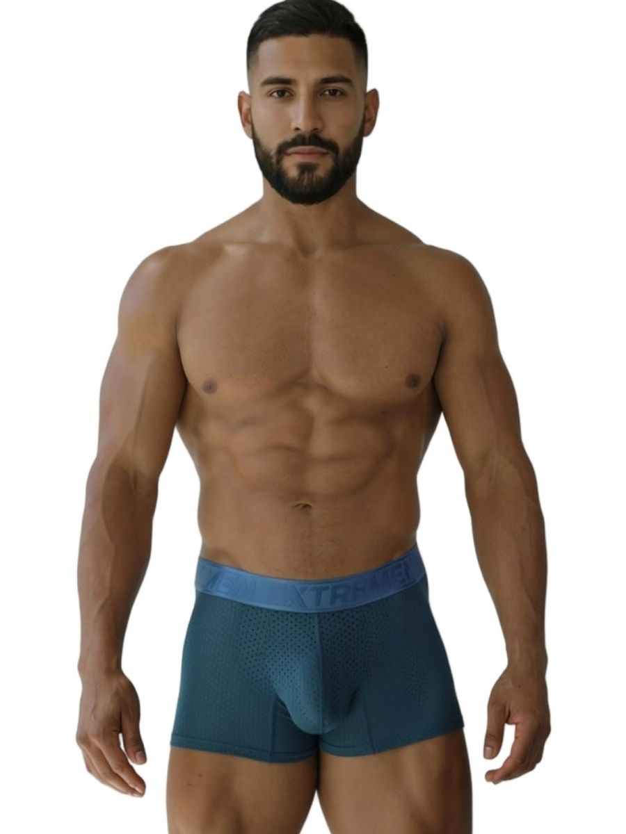 Xtremen 91251 microfiber mesh boxer briefs in petrol blue with matching elastic waistband for athletic use