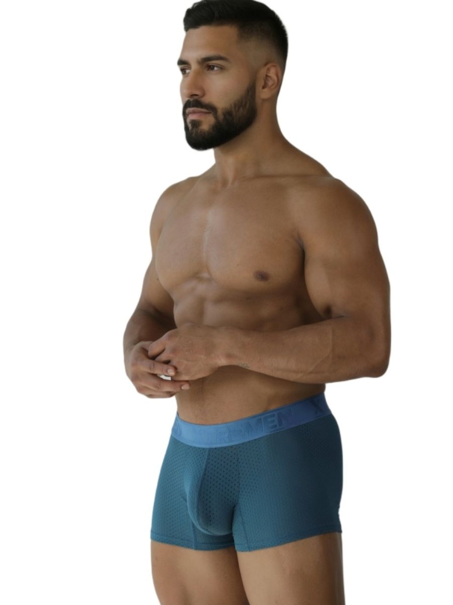 Xtremen 91251 microfiber mesh men’s boxer briefs in teal with a contrasting blue elastic waistband
