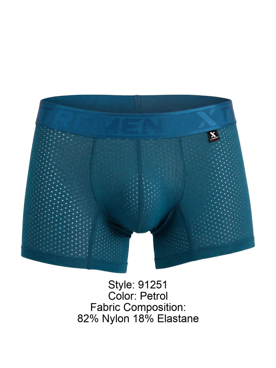 Petrol-colored xtremen 91251 microfiber mesh men’s boxer briefs with perforated fabric and elastic logo waistband