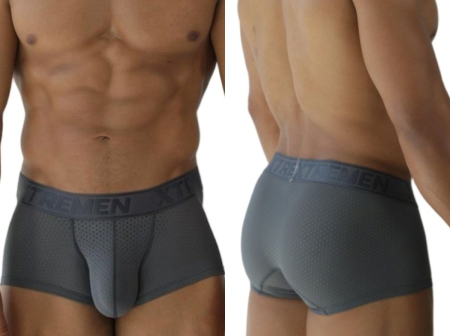 Gray xtremen 91252 microfiber mesh trunks with perforated front panel and talmen elastic waistband in dark gray lettering