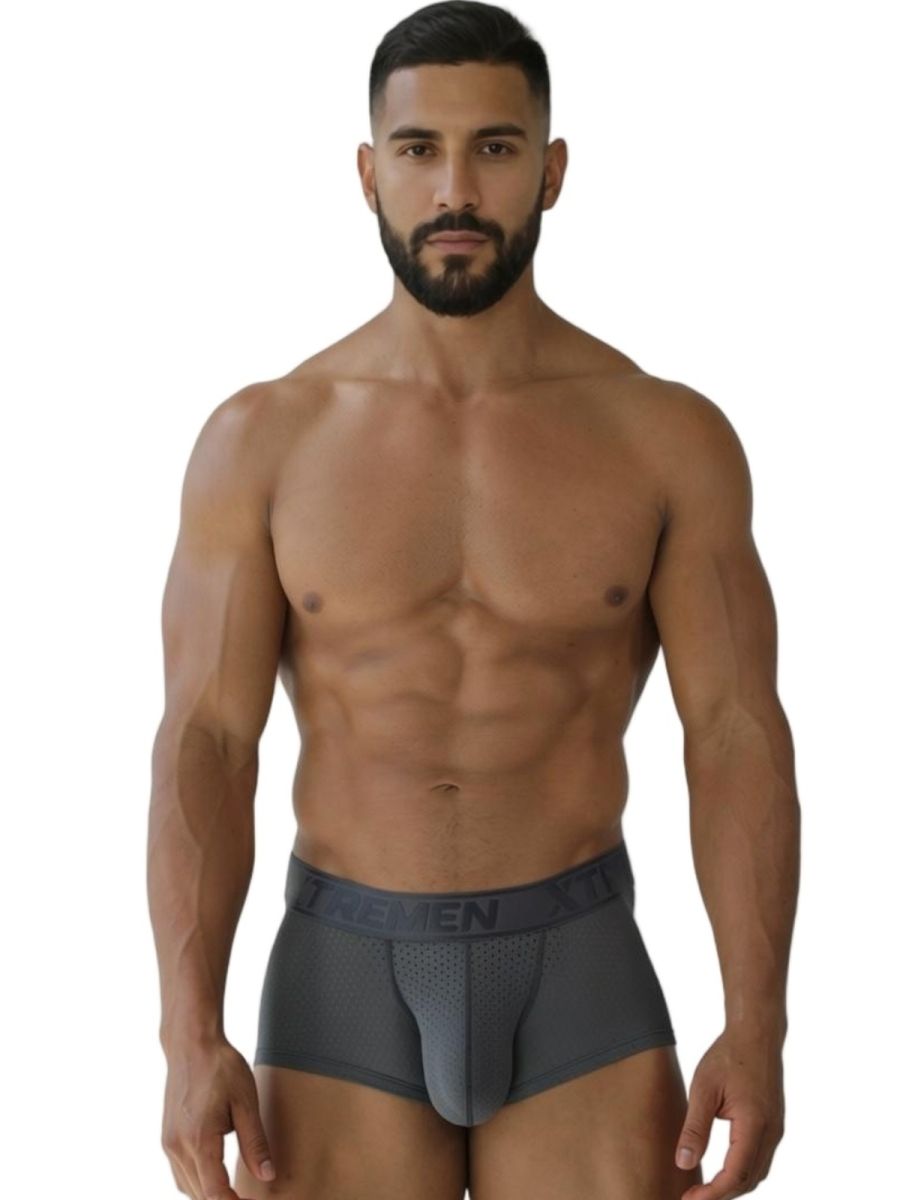 Dark gray xtremen 91252 microfiber mesh trunks with perforated front panel and ten brand elastic waistband