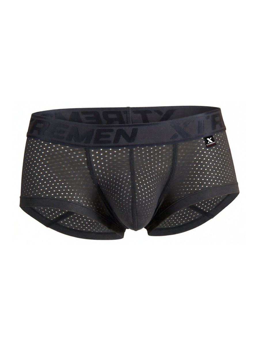 Gray xtremen 91252 microfiber mesh trunks with black mesh briefs, branded waistband, and subtle white perforations