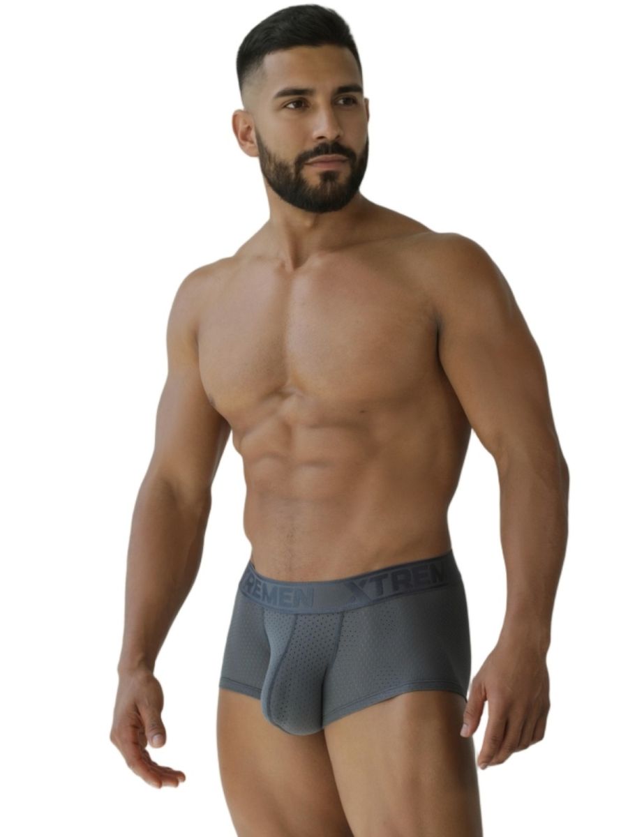 Gray xtremen 91252 microfiber mesh trunks with textured waistband and subtle branding front view