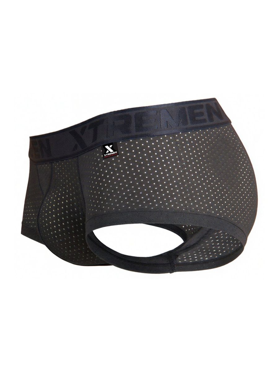 Black mesh men’s underwear gray microfiber trunks with xtremen branding on the waistband front view