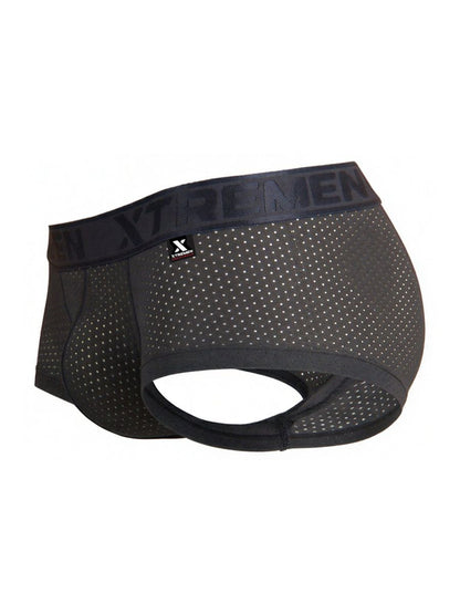 Black mesh men’s underwear gray microfiber trunks with xtremen branding on the waistband front view