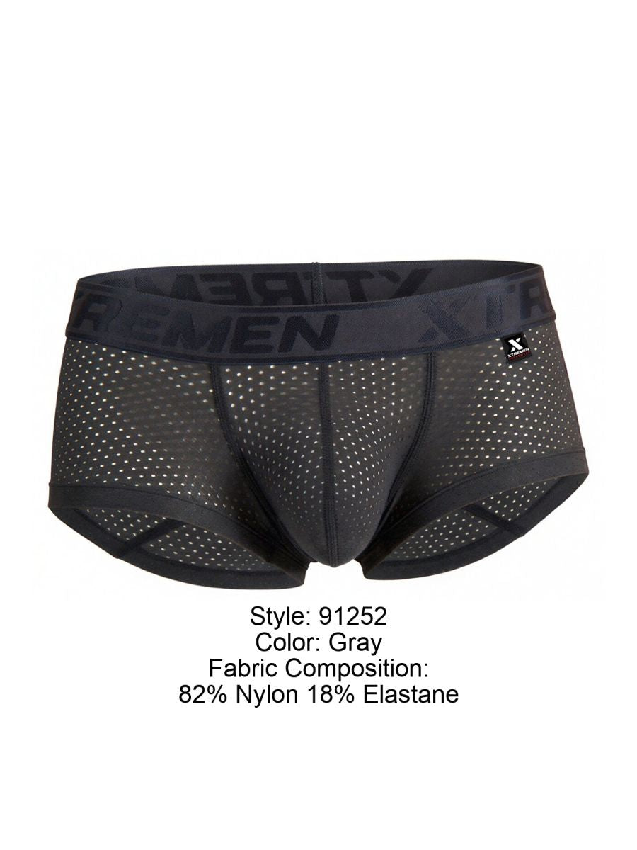 Gray xtremen 91252 microfiber mesh trunks briefs with black elastic waistband featuring x-rememen logo and x-shaped tag