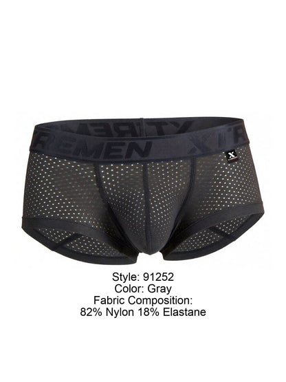 Gray xtremen 91252 microfiber mesh trunks briefs with black elastic waistband featuring x-rememen logo and x-shaped tag