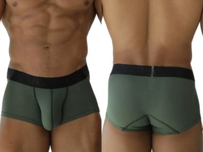 Olive green xtremen 91252 microfiber mesh trunks with black elastic waistband and subtle perforated detailing
